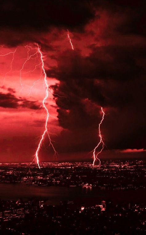 Stranger Things Lightning, Red Stranger Things Aesthetic, Dark Red Lightning, Red Lightning Aesthetic, Red Thunder Wallpaper, Thunder City, Lightning Images, Red Storm, Burning City