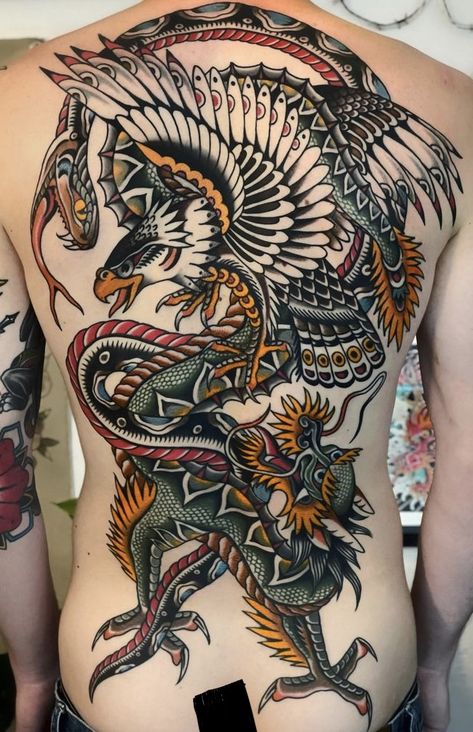 Battle Royale Tattoo, Traditional Tattoo Back Piece, Fullback Tattoo, Chest And Back Tattoo, Traditional Back Tattoo, Koi Tattoo Sleeve, Dragon Tattoo Meaning, Dragon Tattoo Ideas, Backpiece Tattoo