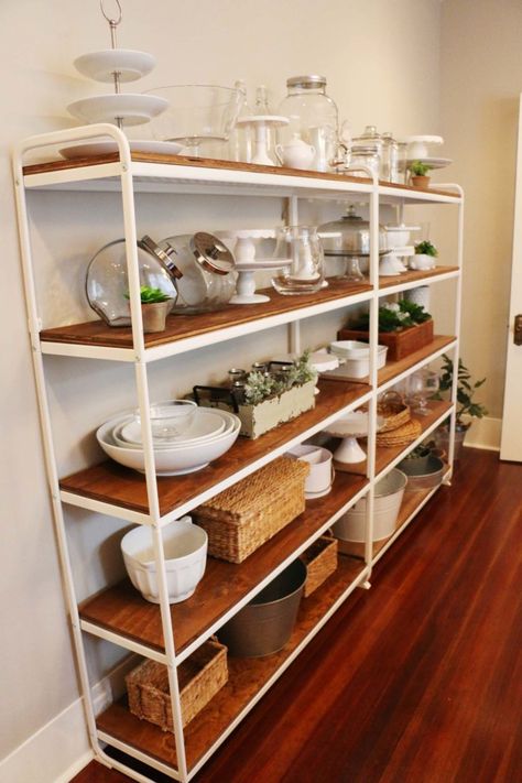 Metal IKEA Shelves Get Farmhouse Makeover – At Home With Natalie Metal Shelving In Kitchen, Metal Shelf Makeover, Ikea Metal Shelves, Ikea Shelf Brackets, Ikea Decor Hacks, Ikea Metal, Ikea Shelf Hack, Ikea Bed Frames, Pantry Rack