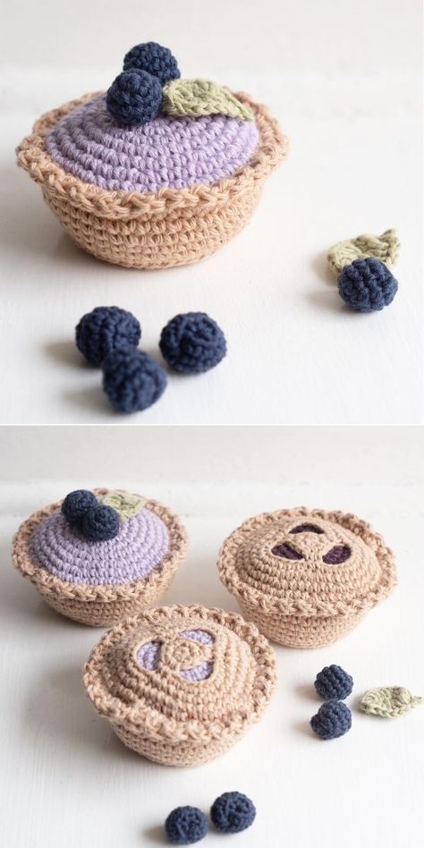 Crochet Pastries Free Pattern, Crochet Bakery Free Pattern, Crochet Pastries, Ahg Woven, Crochet Bakery, Crochet Blueberry, Amigurumi Food, Bakery Goods, Crochet Cake