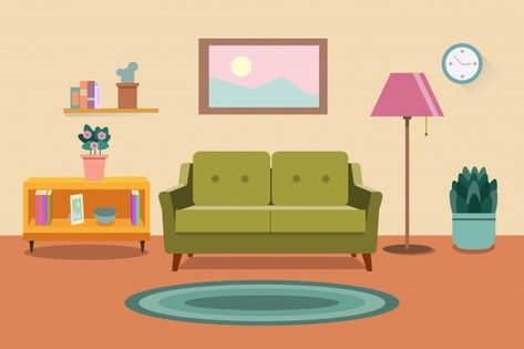 Living Room Cartoon Drawing, Living Room Cartoon Background, Living Room Illustration Cartoon, Living Room Reference, Sofa Cartoon, Sofa Bookcase, Living Room Vector, Living Room Clipart, Cartoon Clock