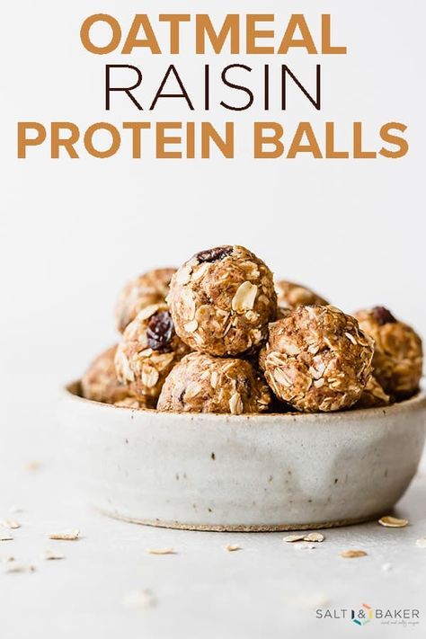 No Bake Oatmeal Raisin Energy Balls, Vegan Protein Balls Healthy, Oatmeal Raisin Protein Balls, Raisin Protein Balls, Engery Bites, Raisin Energy Balls, Bake Oatmeal, Oatmeal Raisin Cookie, Raisin Cookie