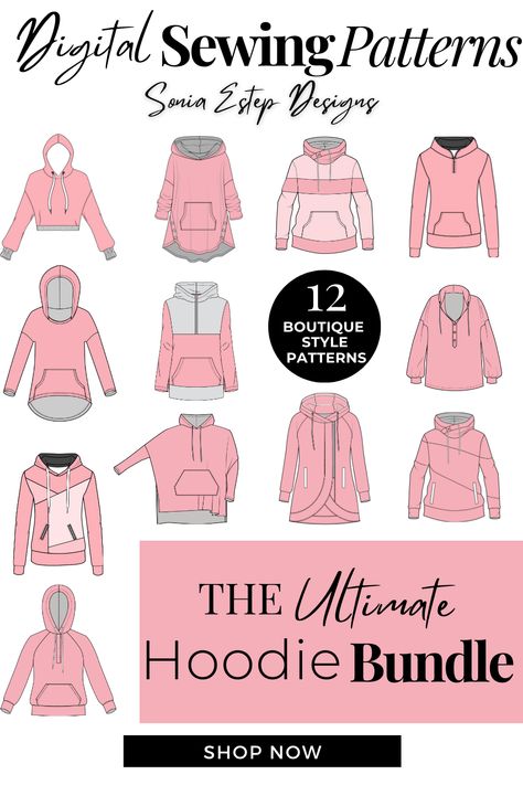 The image shows line drawings for 12 different hoodie sewing patterns. Diy Hoodie Design, Fall Sewing Patterns, Pullovers For Women, First Sewing Projects, Beginner Sewing Patterns, Fall Sewing, Diy Wardrobe, Beginner Sewing, Clothes Sewing