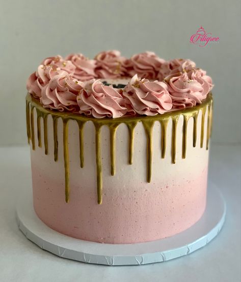 Single tier pink buttercream cake with gold drip and pink buttercream rosettes Drip Cake Pink And Gold, Rosette Drip Cake, Pink Buttercream Birthday Cake, Buttercream Drip Cake Designs, Single Cake Designs, Pink Cake With Gold Drip, Cake Designs Pink And Gold, Buttercream Designs Cake, Pink 14th Birthday Cake