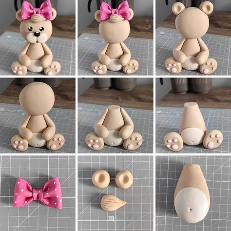 Cute Cake Toppers, Fondant Teddy Bear, Kue Fondant, Cake Decorating Courses, Fondant Cake Designs, Idee Babyshower, Bear Cake Topper, Fondant Rose, Teddy Bear Cakes