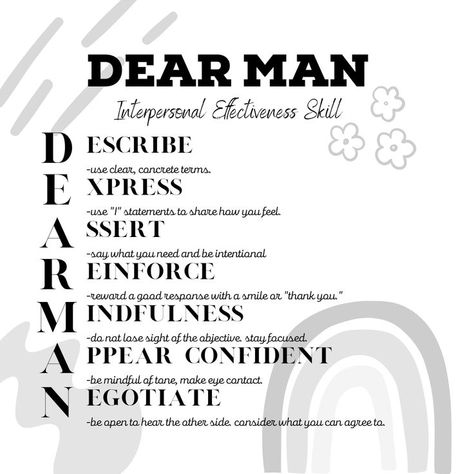 Dear Man Dbt, Dear Man, Play Therapy Activities, Dbt Therapy, Interpersonal Effectiveness, Dbt Skills, I Am Statements, Play Therapy, Eye Contact