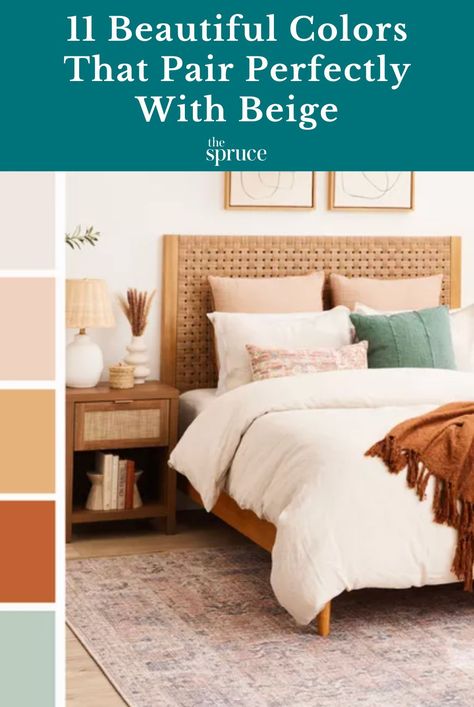 Colours That Go With Beige, Pink Color Schemes Bedroom, Colors That Go With Beige, Bedroom Beige Walls, Beige Bedroom Ideas With Pop Of Color, Beige Walls Bedroom, Greige Walls, Beige Paint Colors, Best Bedroom Colors