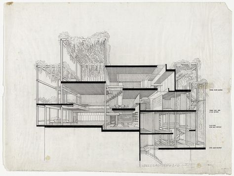 [Paul Rudolph's penthouse apartment, 23 Beekman Place, New York City. 1965, Cross section. Photograph] Paul Rudolph Architecture, Section Drawing Architecture, Sectional Perspective, Paul Rudolph, Section Drawing, Architecture Drawing Plan, Architecture Elevation, Architect Drawing, Architecture Panel