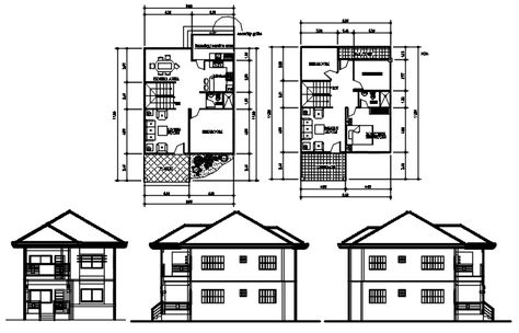 Floor plan of 2 storey house 8.00mtr x 11.80mtr with detail dimension in dwg file which provides detail of front side elevation, right side elevation, left side elevation, section, detail dimension of the drawing room, bedroom, kitchen, dining room, bathroom, toilet. Residential Building Plan, Section Detail, Double Storey House Plans, Floor Plan With Dimensions, Two Storey House Plans, Side Elevation, Architectural Plan, Building Design Plan, Double Storey House