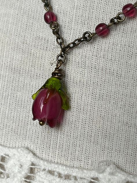 Stained Glass Necklace, Lampwork Necklace, Pretty Rose, Handmade Rose, Cotton Crafts, Rose Bud, Bead Pendant, Rose Pendant, Favourite Colour