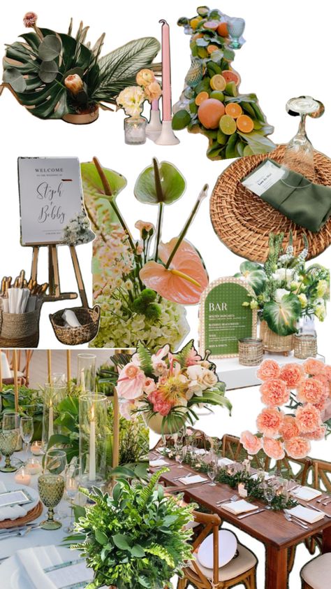 Color Theme Wedding, Green Color Theme, Tropical Aesthetic, Peach And Green, Wedding Mood Board, Theme Wedding, Color Theme, Ceiling Decor, Color Themes