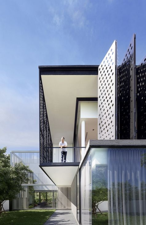 Perforated Panel, Double Story House, Building Facade, Facade Architecture, House Layouts, Residential Architecture, Bangkok Thailand, Architectural Elements, Architecture Details