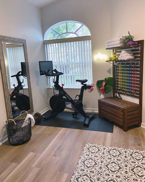 Home Office Craft Room Gym, Peloton In Office, Office And Peloton Room Combo, Guest Bedroom Home Gym Combo, Peloton Room Ideas Bedroom, Guest Room Exercise Room Combo, Guest Workout Room Combo, Office And Home Gym Combo, Guest Bedroom Workout Room Combo