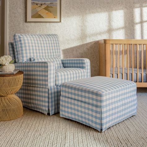 Namesake | Traditional Nursery Dressers Glider And Ottoman, Baby To Sleep, Mini Crib, Swivel Glider, Convertible Crib, Nursery Inspiration, Pillow Top, Blue Gingham, Baby Safety