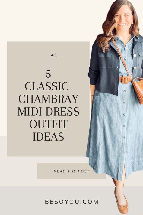 See 5 ways to style this versatile chambray shirtdress, effortlessly transitioning from casual day to polished work or weekend looks. Chambray Dress Outfit Fall, Chambray Shirt Dress Outfit, Denim Shirt Dress Outfit, Shirtdress Styling, Chambray Dress Outfit, Short Black Cardigan, Long Denim Shirt Dress, Checked Shirt Dress, Midi Dress Outfit