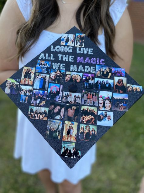 Cap With Pictures On It, Grad Cap Collage Ideas, Grad Cap Designs With Pictures, Grad Cap Ideas With Pictures, Grad Hats Ideas, Graduation Cap Designs For Best Friends, Country Music Graduation Cap, Graduation Caps With Pictures, Grad Cap Picture Collage