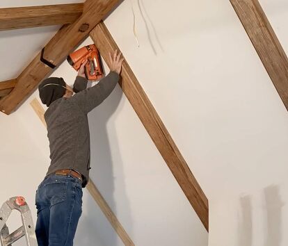 Wood Vaulted Ceiling, Beams On Ceiling, Plank And Pillow, Ceiling Beams Living Room, Vaulted Ceiling Beams, Vaulted Ceiling Ideas, Faux Ceiling Beams, Box Beams, Ridge Beam