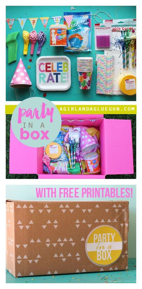 Party in a box - A girl and a glue gun Birthday Party In A Box Ideas, Birthday Party Box Ideas, Party Boxes Ideas, Party In A Box Business, Birthday In A Box Ideas, Party Box Ideas Packaging, Party In A Box Ideas Diy, Party In A Box Ideas, Party Box Ideas