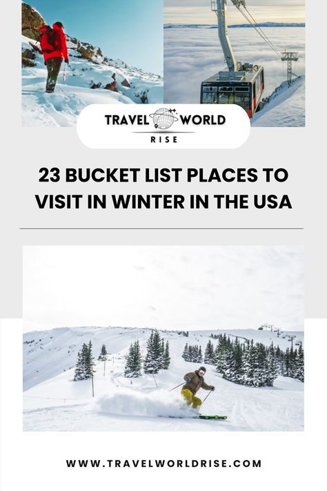 xplore 23 bucket list destinations in the USA that are perfect for a winter escape! Whether you're dreaming of snow-covered mountains, cozy cabin retreats, or festive city lights, these winter hotspots offer unique experiences across the country. From skiing in Aspen to exploring the winter wonderland of Yellowstone, discover the top places to visit in winter for unforgettable adventures.#WinterDestinationsUSA #USAWinterBucketList #BestWinterTravelUSA #WinterVacationUSA #WinterGetawaysUSA. Winter Vacations In The Us, Winter Getaways In The Us, Best January Vacations, Winter Trips In The United States, Best Winter Getaways In Us, Winter Bucket List, Best Family Vacations, Family Getaways, Winter Getaway