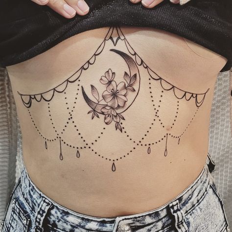 Chandelier Underboob Tattoo, Moon Tattoo Sternum, Witchy Underboob Tattoo, Celestial Sternum Tattoo, Moon Underboob Tattoo, Moon Sternum Tattoo, Dark Sketches, Chandelier Tattoo, Mandala Tattoos For Women