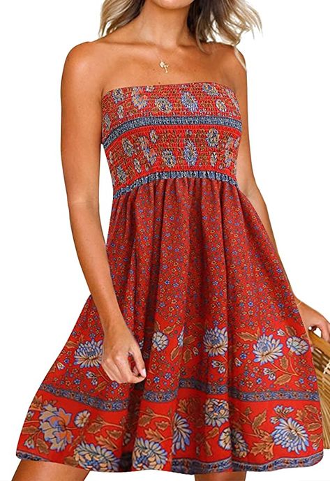 Thailand Outfits, Strapless Casual Dress, Strapless Sundress, Strapless Dresses Short, Strapless Summer Dress, Sundresses Women, Sun Dresses, Tube Top Dress, Red S