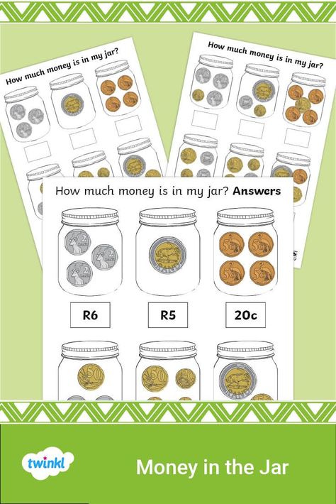 Use these lovely money jar worksheets to help learners practise their recognition of money up to a value of R20. Each worksheet requires learners to find the total amount in each jar, as well as creating given amounts using the provided coin and note cut-outs. It's a great way for learners to practise maths with a real-life context and an essential skill for them to use outside of lessons According to CAPS, Grade 1 - 3 learners need to recognise and identify the South African coins and banknotes South African Money, Free Handwriting Worksheets, Money Math Worksheets, Learning Money, Money Jar, Money Math, Money Worksheets, Free Handwriting, Money Notes