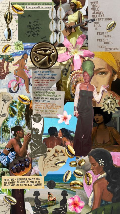 caribbean spiritual vibes , i love this one!𖤓 #blackgirlaesthetic #blackgirlshuffles #caribbean #island #spiritual #erykahbadu #coconutgirl #coconutgirlaesthetic #blackwomen #jheneaiko Carribean Fashion, Vision Collage, Spiritual Vibes, Summer Goddess, Envelope Cover, Goddess Aesthetic, Spiritual Wallpaper, Caribbean Island, Neo Soul