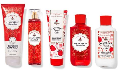 Bath & Body Works Skin Care Bundle Strawberry Pound Cake Wash Mist Cream Shower Gel and Lotion Full Size Strawberry Perfume, Cake Bake Shop, Jam Donut, Strawberry Pound Cake, Tropical Fragrance, Pound Cake With Strawberries, Holiday Makeup, Moisturizing Body Wash, Fragrance Mist