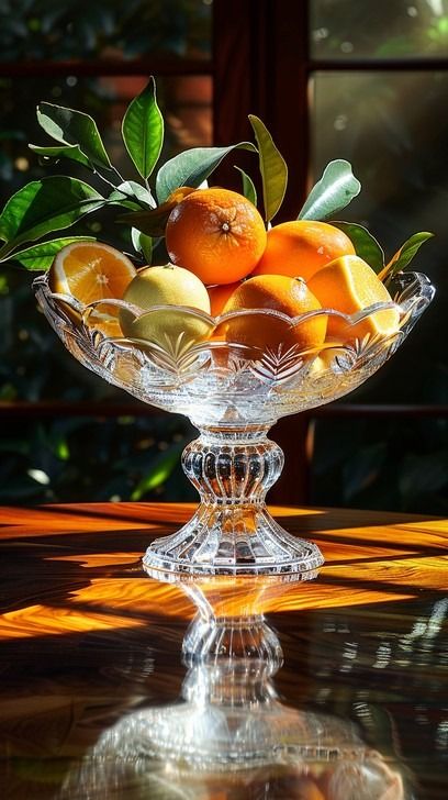 A crystal fruit bowl filled with fresh oranges and lemons, bathed in sunlight on a wooden table. Fruit Displays Kitchen, Fruit Bowl Photography, Curated Loft, Fruit On Table, Fruit Bowl Still Life, Fruit Bowl Decor, Magnolia Arrangement, Fruit Bowl Display, Crystal Fruit