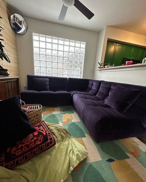 Purple velvet Russo2 sectional. #colorfulsofa Purple Sofa Living Room Ideas, Plum Purple Couch, Purple Couch Set, Deep Purple Sofa, Purple Velvet Sofa Overstock, Vintage Velvet Couch Purple, Mid Century Modern Sectional, Purple Couch, Purple Sofa