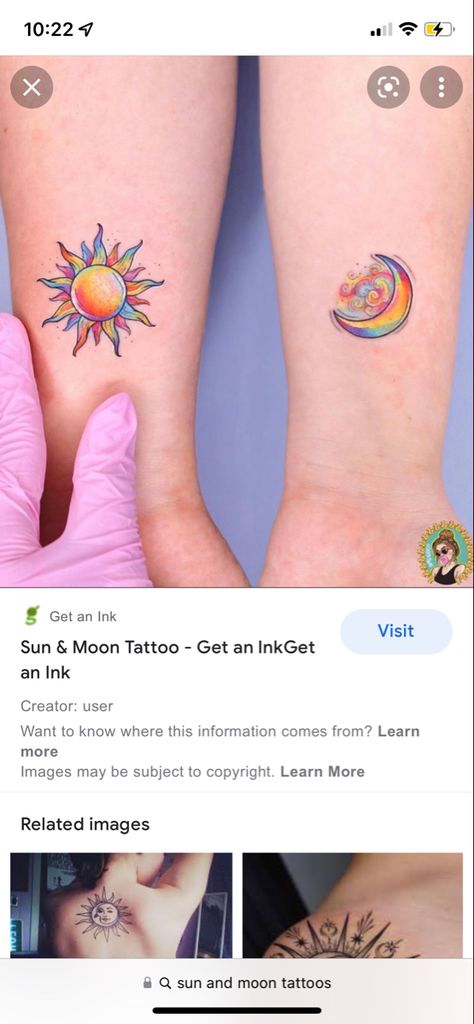 Moon And Sun Tattoo Color, Sun Tattoo In Color, Sunshine Rainbow Tattoo, Sunshine Tattoo Color, Colored Sun And Moon Tattoo, Sun And Moon Tattoo With Color, Rainbow Moon Tattoo, Mother Daughter Sun Moon Tattoos, Sun Moon Rainbow Tattoo