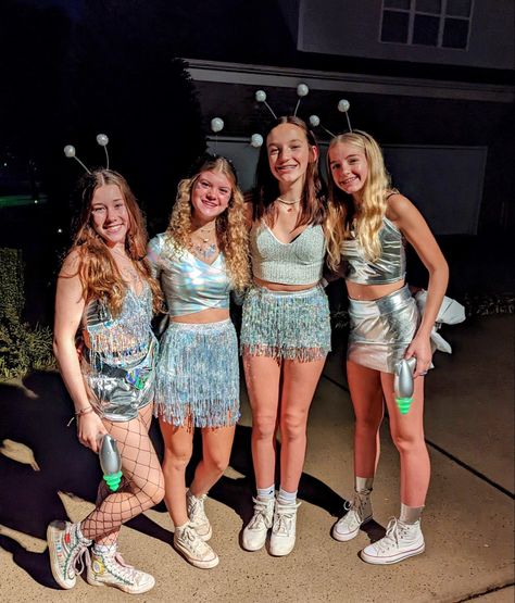 Space Spirit Day, Space Day Spirit Week Outfit, Alien Spirit Week Outfit, Preppy Alien Costume, Dti Theme Galactic Glam, Sparkly Alien Costume, Outer Space Womens Costume, Alien Costume Ideas Women, Space Rave Outfit