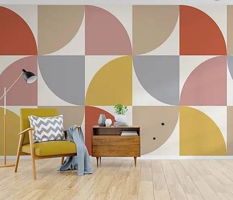 Mural For Kitchen Wall, Funky Accent Wall Ideas, Retro Wall Design, Multi Color Wall Paint Ideas, Accent Wall Geometric Design, Wallpaper For Kitchen The Wall, Unique Painting Ideas For Walls, Color Block Accent Wall, Wall Geometric Design