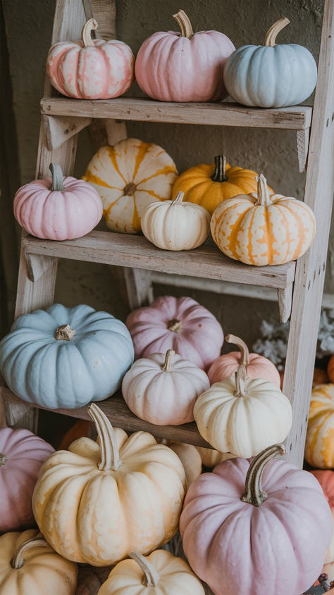 A rustic wooden ladder showcasing an array of pastel-colored pumpkins, featuring soft blues, pinks, and creams with pops of yellow. The display creates a charming and whimsical fall aesthetic, perfect for seasonal decor. Pastel Autumn Decor, Pastel Thanksgiving Decor, Pastel Fall Decor, Pastel Thanksgiving, September Decor, Unique Fall Decor, Pastel Autumn, Autumn Gathering, Pumpkin Display