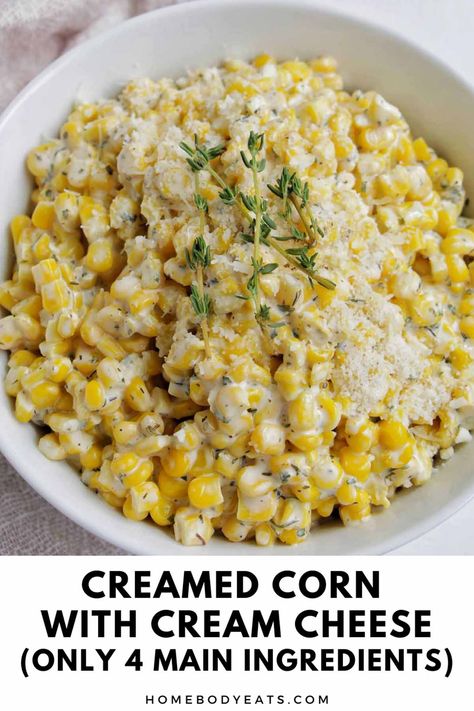 I'm obsessed with this homemade creamed corn recipe! It uses cream cheese, parmesan cheese, and Italian spices. This recipe is so easy and only has 4 main ingredients. I love how cheesy this creamed corn recipe is! You can easily keep it warm on the stovetop or in a crockpot if you want to make it ahead of time for Thanksgiving dinner. This would be a great holiday side dish for a crowd! Best Creamed Corn, Thanksgiving Vegetable, Corn Thanksgiving, Corn Side, Homemade Cream Corn, Corn Recipes Side Dishes, Slow Cooker Creamed Corn, Cream Cheese Corn, Corn Side Dish