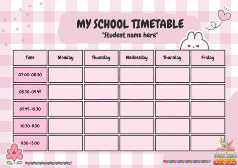 Get your Personalized and customizable timetable to keep track of your classes and dates with ease. A must-have for every student. #schooltimetable #homeschooltimetable #middleschooltimetable #schooldailyschedule #highschooltimetable #studentlife #organization #Schoolposter #Educational #Onlineclasses #Schoolposter #studyplanner #Lessonplantemplate Cute Schedule Templates For School, Sanrio Timetable, Cute Timetable Ideas, Time Table Aesthetic, Aesthetic Timetable Printable, Timetable Design Ideas, Class Timetable Ideas, Cute Timetable Template, School Timetable Design Aesthetic