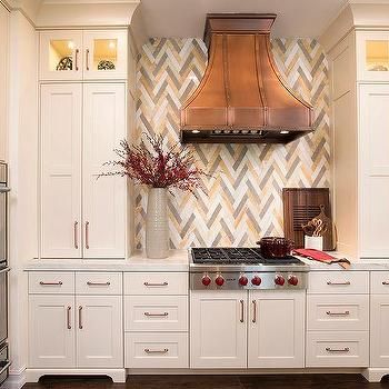 White Kitchen Cabinets With Copper Hardware Design Ideas Cabinet Hardware White Cabinets, Kitchen Hardware White Cabinets, Chevron Tiles, Copper Kitchen Hood, Kitchen Hood Design, Kitchen Vent, Kitchen Hood, Copper Hardware, Home Coffee Stations