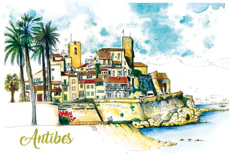 Beautiful Antibes old town with it's remparts, colourfull houses and palm trees. Antibes France, Juan Les Pins, Watercolor Postcard, Island Art, Watercolor Sketch, Cote D’azur, French Riviera, Art Drawings Simple, Travel Journal