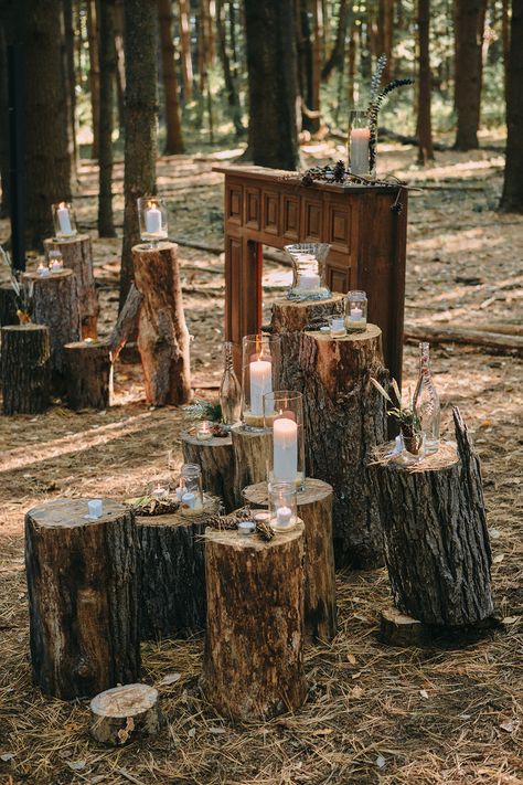 beautiful candle and wood stump wedding ceremony decor Wedding Ceremony Candles, Medieval Wedding Theme, Enchanted Forest Wedding Theme, Nordic Wedding, Campground Wedding, Wedding Alters, Ceremony Candles, Forest Theme Wedding, Tree Stumps