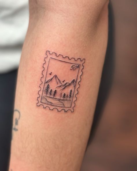 Check out this fun OR stamp! Obsessed with small details! • • • • • #molallaOR #pnw #pnwtattoo #tattoos #inked #tattooed #tattooartist #inkedup #bodyart #tattooist #tattooing #tattoodesign #femaletattooartist #blackandgrey #colortattoos #patchworktattoos #patchworksessions #inkdefense #defendyourink #shopinkdefense #ViridianInkTattoo Douglas Fir Tattoo Oregon, Matching Postage Stamp Tattoos, Colorado Stamp Tattoo, National Parks Tattoo, Desert Scene Tattoo, National Park Tattoo, Pacific Northwest Tattoo, Stamp Tattoo Ideas, Postage Stamp Tattoo