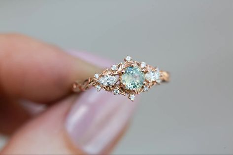 Briar Rose Three Stone Ring, Briar Rose Engagement Ring, Vintage Wedding Rings Aesthetic, Fairy Tale Wedding Ring, Opalescent Sapphire Ring, Fun Engagement Rings, Crystal Rings Engagement, Interesting Engagement Rings, Untraditional Engagement Rings