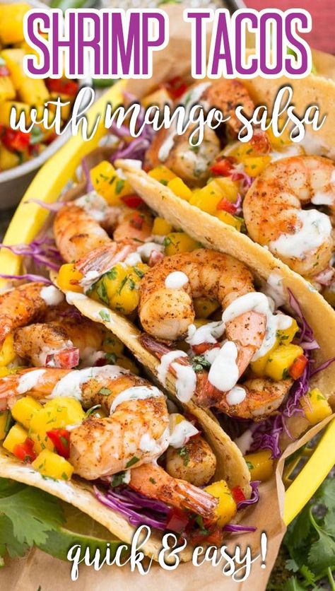 These shrimp tacos with mango salsa are a quick and easy dinner option that features tender shrimp, sweet and tangy mango salsa, and creamy cilantro lime sauce, all inside warm corn tortillas. Creamy Cilantro Lime Sauce, Shrimp Tacos With Mango Salsa, Shrimp Taco Sauce, Mango Tacos, Fresh Mango Salsa Recipe, Healthy Shrimp Tacos, Cilantro Lime Shrimp Tacos, Tacos With Mango Salsa, Grilled Shrimp Tacos