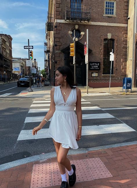 Summer trends 2022 | White dress | Black Loafers | Fashion | Summer Aesthetic Dress And Loafers Outfit, In The City Outfit, Dress With Loafers, White Dress Outfit, Loafers Fashion, City Outfit, New York Summer, Loafers Outfit, Summer In The City