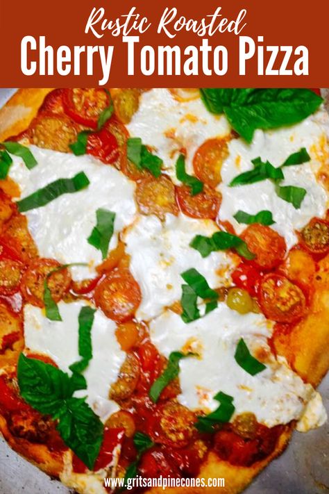 Making homemade pizza is quick and easy, and this Rustic Roasted Cherry Tomato Pizza, full of summery goodness, will make a believer out of you! #pizza #summer #tomatoes Cherry Tomato Pizza, Unique Pizza Recipes, Crispy Pizza Crust, Tomato Pizza, Mozzarella Pizza, Crispy Pizza, Vegetarian Italian, Roasted Cherry, Making Homemade Pizza