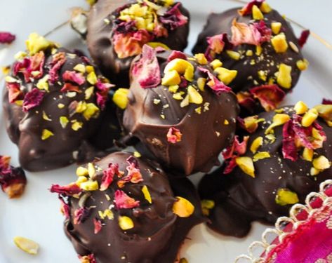 Recipes – Honey, Whats Cooking Indian Fusion Truffles, Dates With Peanut Butter, Fusion Desserts, Pakistani Desserts, Truffle Balls, Truffle Recipe Easy, Roses Petals, Whats Cooking, Chocolate Candy Recipes