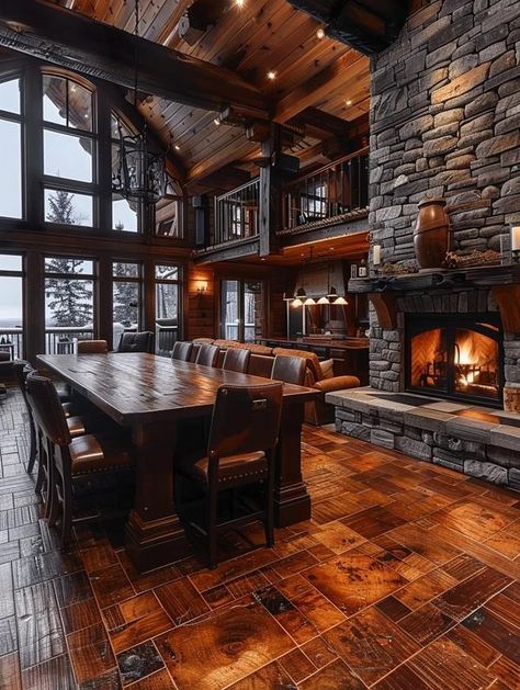 Attractive Log Cabins Stone And Log Homes, Mountain Lodge House Plans, Log Cabin Dining Room, Log Cabin Interiors, Log Mansion, Luxury Cabin Interior, Log Home Living Room, Log Cabin Mansions, Big Beautiful Houses