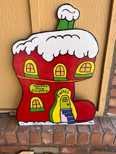 Grinch Wooden Cutout, Welcome To Whoville Door Decoration, Whoville Village Diy, Whoville Christmas Decorations Diy Dollar Stores, Who Ville Decorations Christmas Ideas Diy, Whoville Office Decorating Ideas, Whoville Houses Diy, Grinch Office Decor, Whoville People