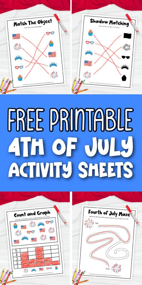 Free Printable Fourth of July Activity Sheets Patriotic Activities, Fourth Of July Crafts For Kids, July Activities, Fun Worksheets For Kids, Activity Sheets For Kids, Kids Worksheets Printables, Homeschool Kids, Kids Math Worksheets, Fun Worksheets