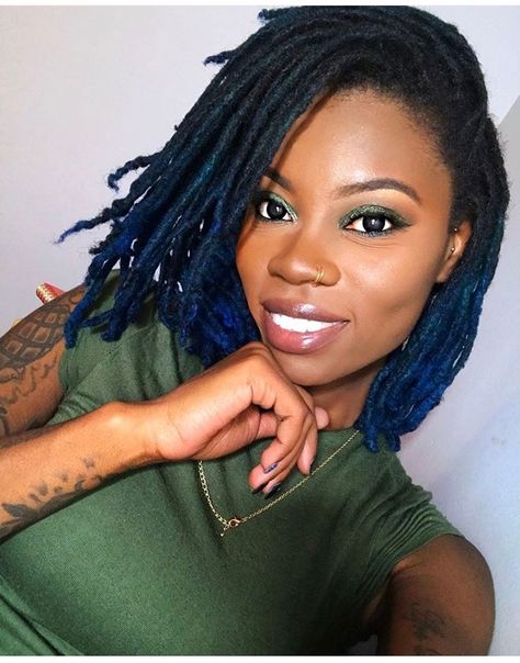 Shoulder length blue colored locs Blue Black Locs Black Women, Blue Tip Locs, Blue Ombre Locs, Midnight Blue Locs Black Women, Blue Black Locs, Blue Dreads Black Women, Midnight Blue Locs, Dark Blue Locs, Blue Locs Black Women