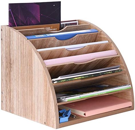 Amazon.com : Wood File Organizer Desktop, 7 Tiers Paper Letter Tray Organizer, Office File Sorter with 6 Adjustable Shelves, Large Desk Paper File Holder with DIY Compartments : Office Products Desk Paper Organizer, Paper Sorter, Desk File Organizer, Paper Organizer, Wood File, Paper File, Office Files, Letter Tray, File Organizer